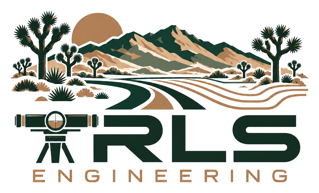 TRLS Engineering logo with Joshua trees, desert mountains and surveying level